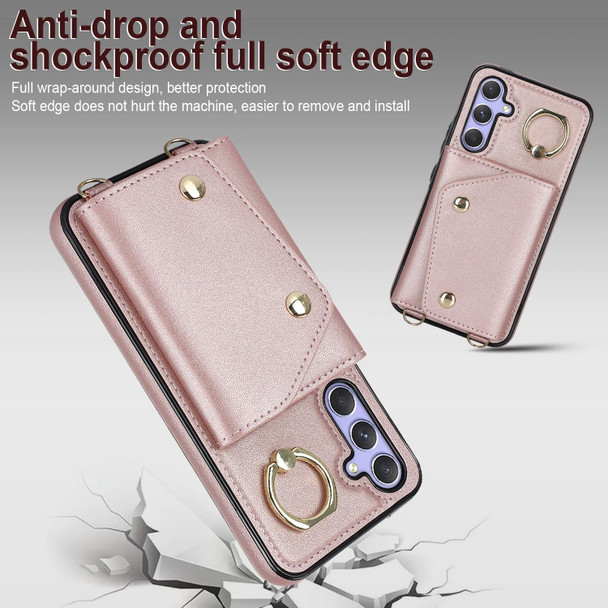 For Samsung Galaxy A54 5G Zipper Card Bag Phone Case with Dual Lanyard(Rose Gold)