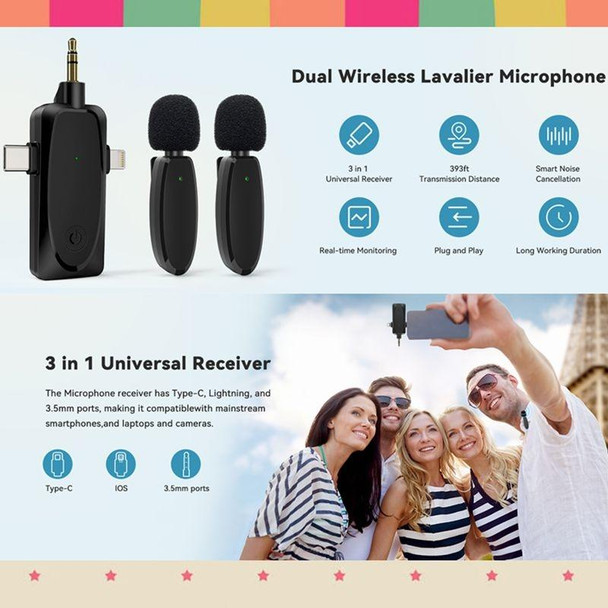 One by Two 3 in 1 Mini Wireless Lavalier Microphones for iPhone / Android / Camera with Noise Reduction Function