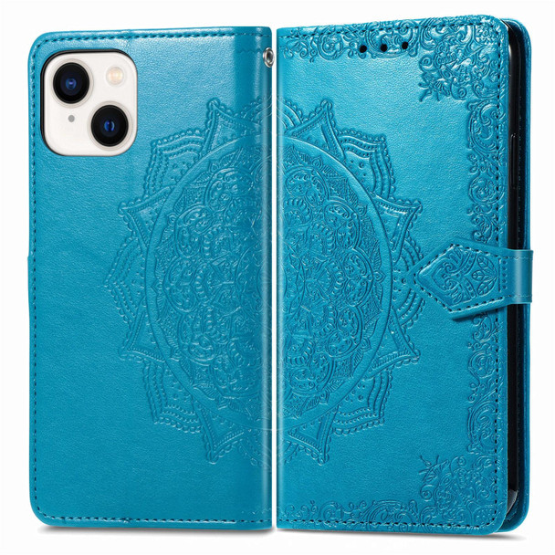 For iPhone 15 Plus Mandala Flower Embossed Leatherette Phone Case(Blue)