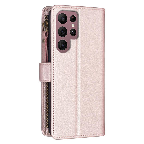 For Samsung Galaxy S22 Ultra 5G 9 Card Slots Zipper Wallet Leatherette Flip Phone Case(Rose Gold)