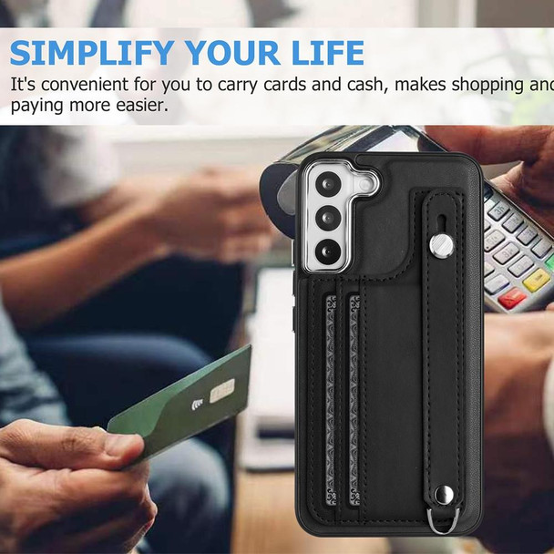 For Samsung Galaxy S22+ 5G Shockproof Leatherette Phone Case with Wrist Strap(Black)