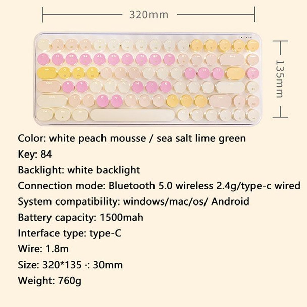 Ajazz K840T 84-Key Wireless/Bluetooth/Wired Three-Mode Round Key Punk Keycap Mechanical Keyboard Red Shaft (White Peach Mousse)