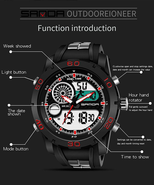 SANDA New Waterproof Luminous Plastic Multi Functional Watch Men Outdoor Sports LED Electronic Watch(Black)