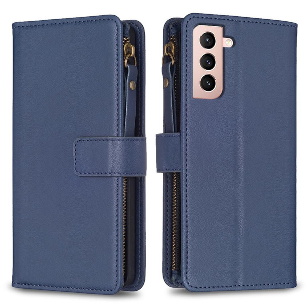 For Samsung Galaxy S21 5G 9 Card Slots Zipper Wallet Leatherette Flip Phone Case(Blue)