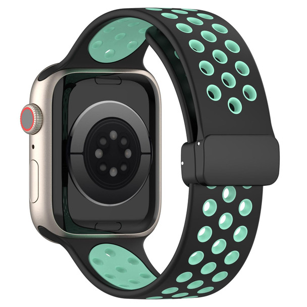 For Apple Watch 42mm Magnetic Buckle Silicone Watch Band(Black Cyan)