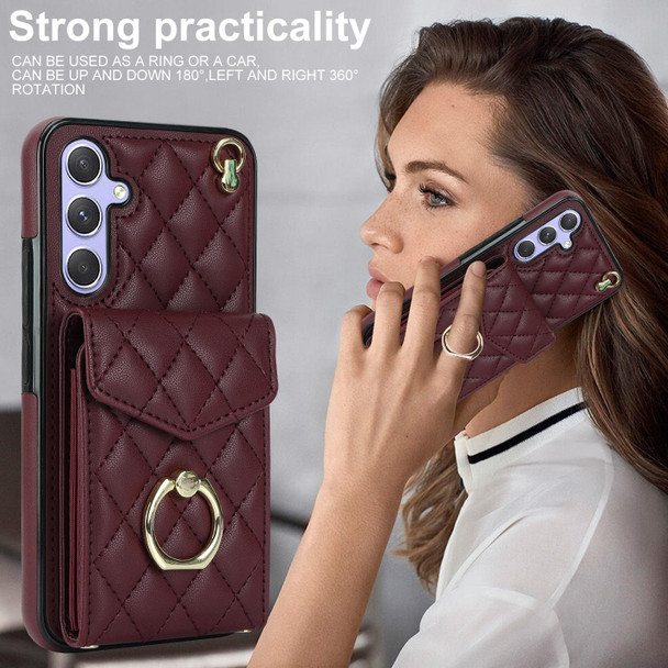 For Samsung Galaxy A54 5G Rhombic Texture Card Bag Phone Case with Long Lanyard(Wine Red)