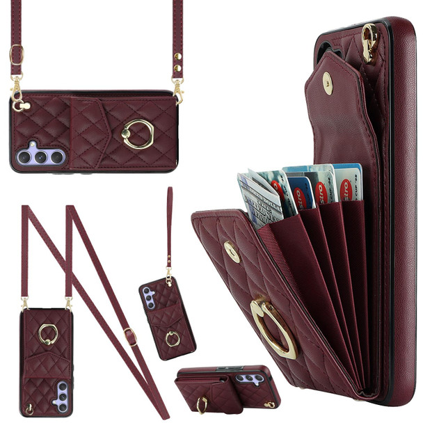 For Samsung Galaxy A54 5G Rhombic Texture Card Bag Phone Case with Long Lanyard(Wine Red)