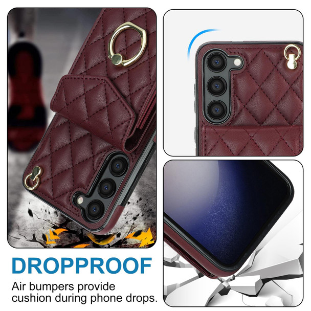 For Samsung Galaxy S23+ 5G Rhombic Texture Card Bag Phone Case with Long Lanyard(Wine Red)