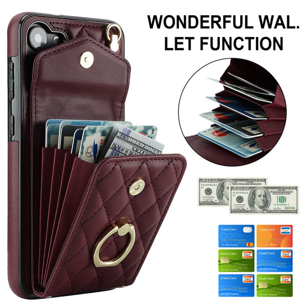 For Samsung Galaxy S23+ 5G Rhombic Texture Card Bag Phone Case with Long Lanyard(Wine Red)