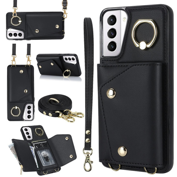 For Samsung Galaxy S21+ 5G Zipper Card Bag Phone Case with Dual Lanyard(Black)