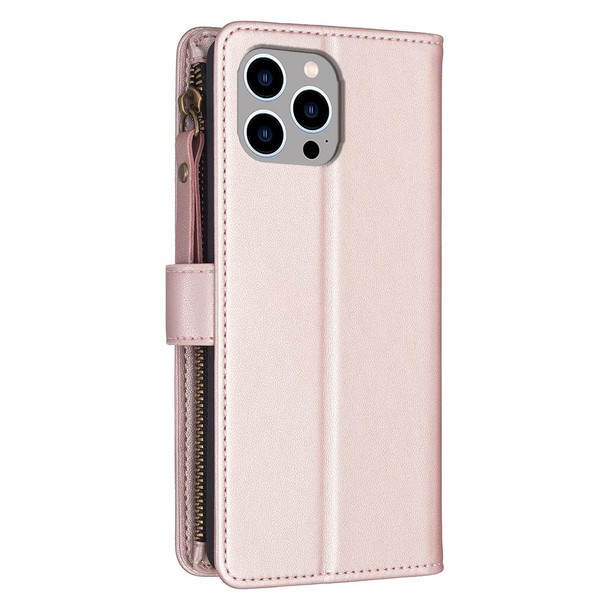 For iPhone 13 Pro Max 9 Card Slots Zipper Wallet Leatherette Flip Phone Case(Rose Gold)