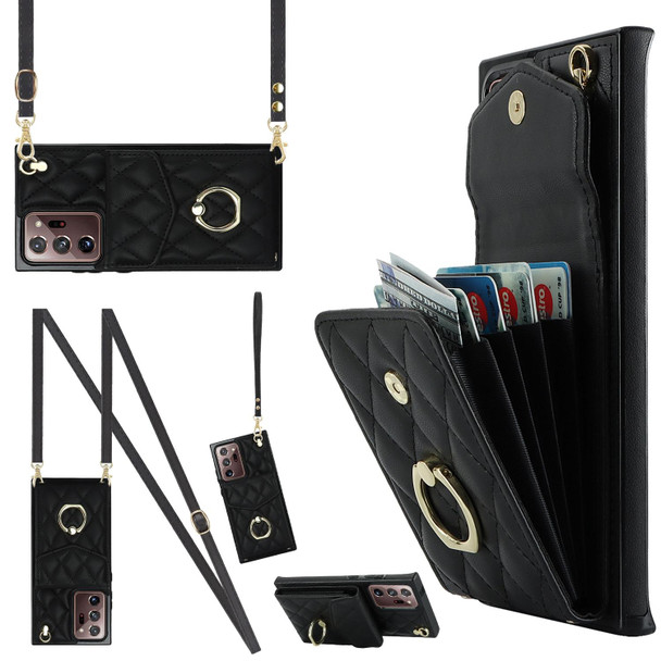 For Samsung Galaxy Note20 Ultra Rhombic Texture Card Bag Phone Case with Long Lanyard(Black)