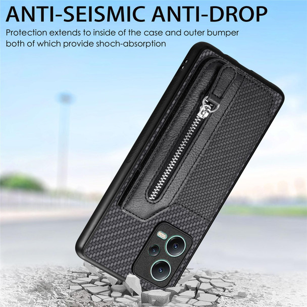 For Redmi Note 10 4G Carbon Fiber Horizontal Flip Zipper Wallet Phone Case(Khaki)