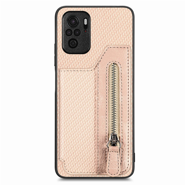 For Redmi Note 10 4G Carbon Fiber Horizontal Flip Zipper Wallet Phone Case(Khaki)