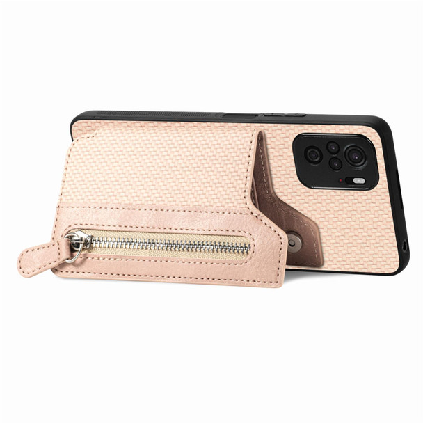 For Redmi Note 10 4G Carbon Fiber Horizontal Flip Zipper Wallet Phone Case(Khaki)