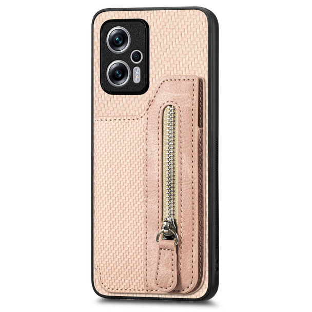 For Redmi Note 11T Pro 5G Carbon Fiber Horizontal Flip Zipper Wallet Phone Case(Khaki)