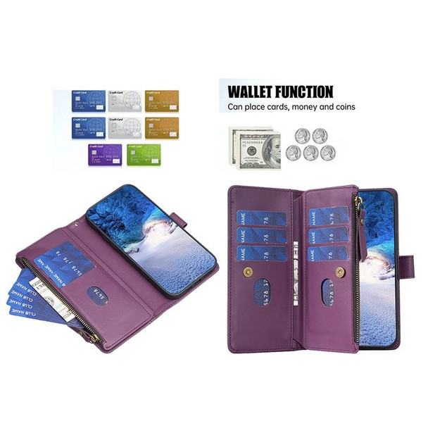 For Samsung Galaxy S21 Ultra 5G 9 Card Slots Zipper Wallet Leatherette Flip Phone Case(Dark Purple)