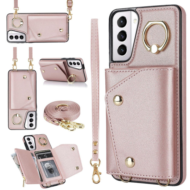 For Samsung Galaxy S21+ 5G Zipper Card Bag Phone Case with Dual Lanyard(Rose Gold)