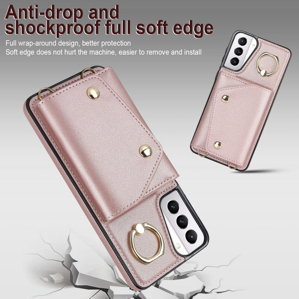 For Samsung Galaxy S21+ 5G Zipper Card Bag Phone Case with Dual Lanyard(Rose Gold)