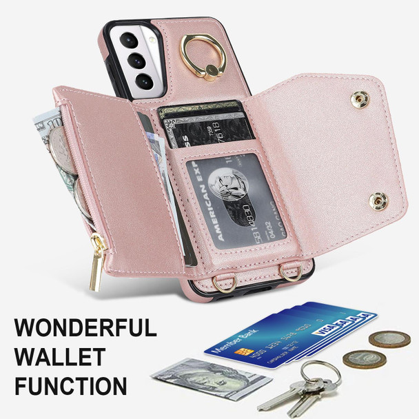 For Samsung Galaxy S21+ 5G Zipper Card Bag Phone Case with Dual Lanyard(Rose Gold)