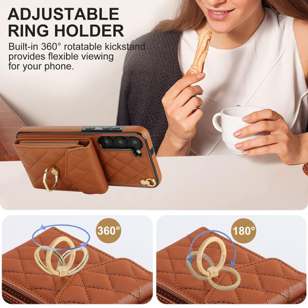 For Samsung Galaxy S23+ 5G Rhombic Texture Card Bag Phone Case with Long Lanyard(Brown)