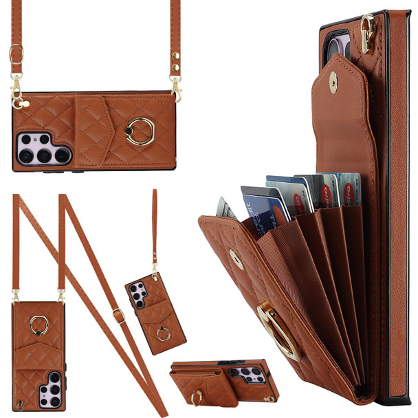 For Samsung Galaxy S23 Ultra 5G Rhombic Texture Card Bag Phone Case with Long Lanyard(Brown)