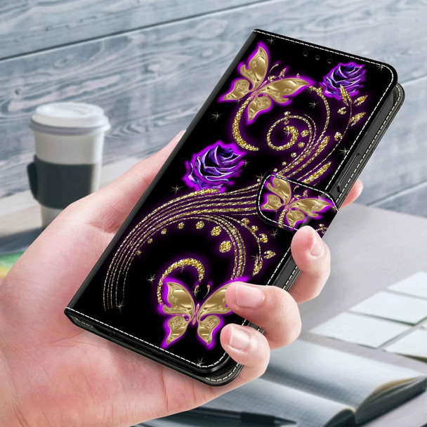 For Samsung Galaxy S21+ Crystal 3D Shockproof Protective Leatherette Phone Case(Purple Flower Butterfly)