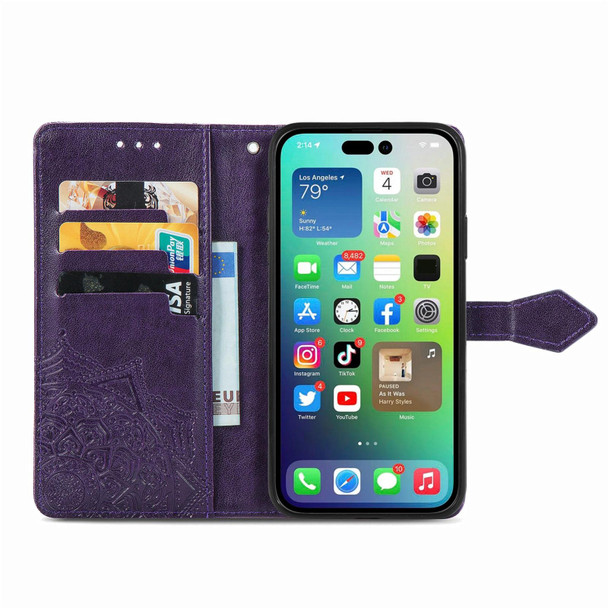 For iPhone 15 Plus Mandala Flower Embossed Leatherette Phone Case(Purple)