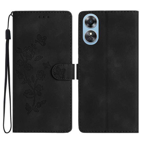 For OPPO A17 Flower Butterfly Embossing Pattern Leatherette Phone Case(Black)