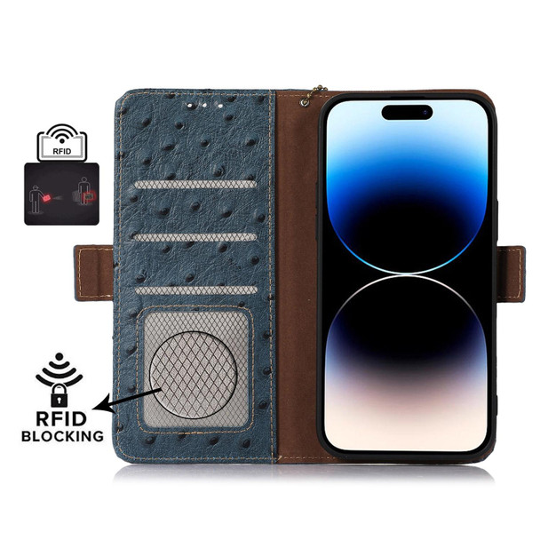 For iPhone 15 Ostrich Pattern Genuine Leatherette RFID Phone Case(Blue)