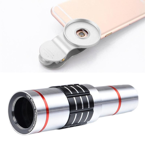 Universal 18X Zoom Telescope Telephoto Camera Lens with Tripod Mount & Mobile Phone Clip, For iPhone, Galaxy, Huawei, Xiaomi, LG, HTC and Other Smart Phones (Silver)