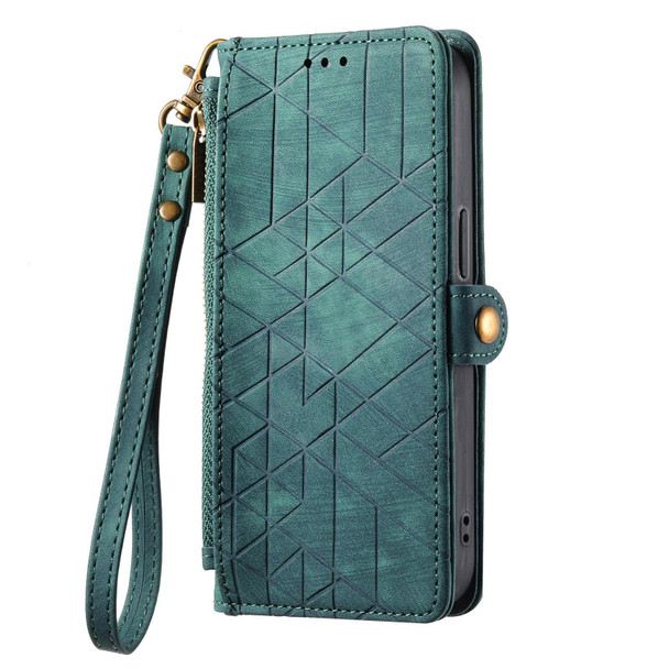 For Google Pixel 6 Pro Geometric Zipper Wallet Side Buckle Leatherette Phone Case(Green)