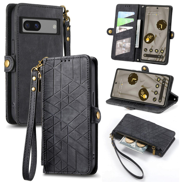 For Google Pixel 6 Pro Geometric Zipper Wallet Side Buckle Leatherette Phone Case(Black)