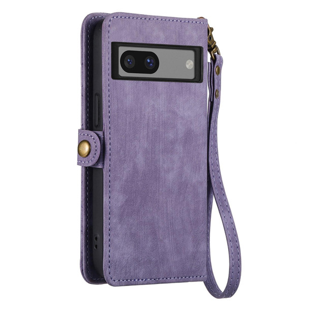 For Google Pixel 7A Geometric Zipper Wallet Side Buckle Leatherette Phone Case(Purple)
