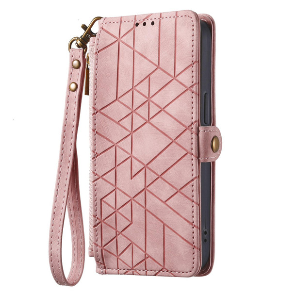 For Google Pixel 7A Geometric Zipper Wallet Side Buckle Leatherette Phone Case(Pink)