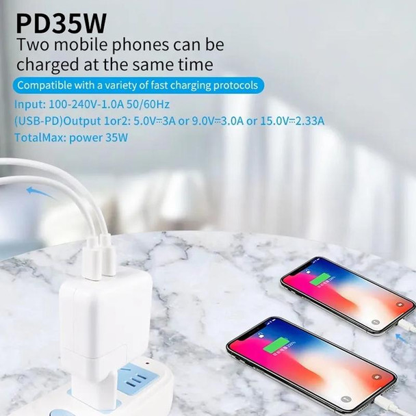 35W PD3.0 USB-C / Type-C Dual Port Charger with 2m Type-C to 8 Pin Data Cable, US Plug