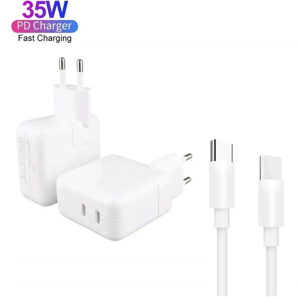 35W PD3.0 USB-C / Type-C Dual Port Charger with 1m Type-C to Type-C Data Cable, EU Plug