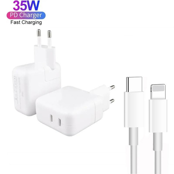 35W PD3.0 USB-C / Type-C Dual Port Charger with 1m Type-C to 8 Pin Data Cable, EU Plug