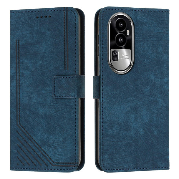For OPPO Reno10 Pro+ Skin Feel Stripe Pattern Leatherette Phone Case with Lanyard(Blue)