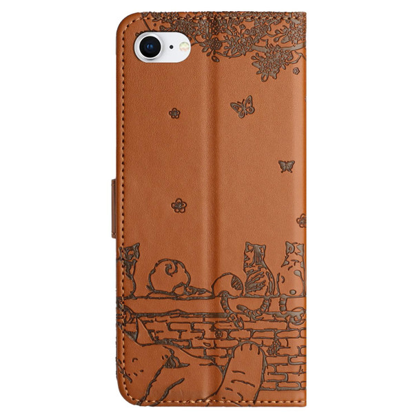 For iPhone 7 / 8 / SE 2020 / SE 2022 Cat Embossing Pattern Leatherette Phone Case with Lanyard(Brown)