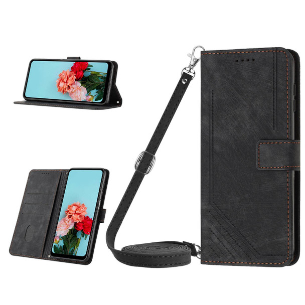 For Tecno Camon 20 Premier Skin Feel Stripe Pattern Leatherette Phone Case with Lanyard(Black)