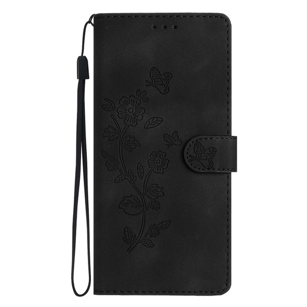 For Samsung Galaxy S22+ 5G Flower Butterfly Embossing Pattern Leatherette Phone Case(Black)