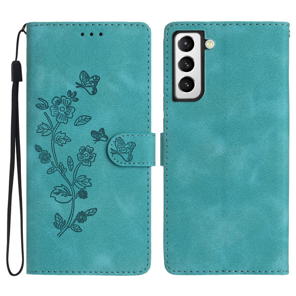 For Samsung Galaxy S21+ 5G Flower Butterfly Embossing Pattern Leatherette Phone Case(Sky Blue)
