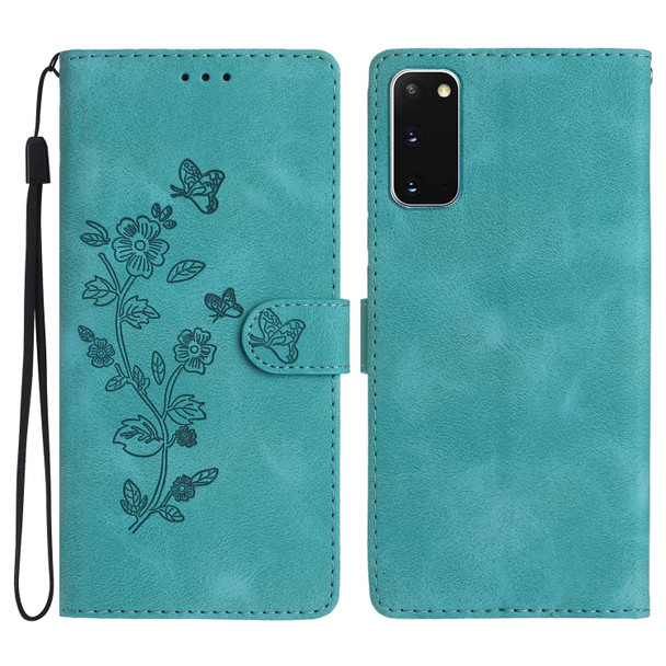 For Samsung Galaxy S20 Flower Butterfly Embossing Pattern Leatherette Phone Case(Sky Blue)