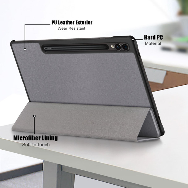 For Samsung Galaxy Tab S9+ Custer Pure Color 3-Fold Holder Smart Leatherette Tablet Case(Grey)