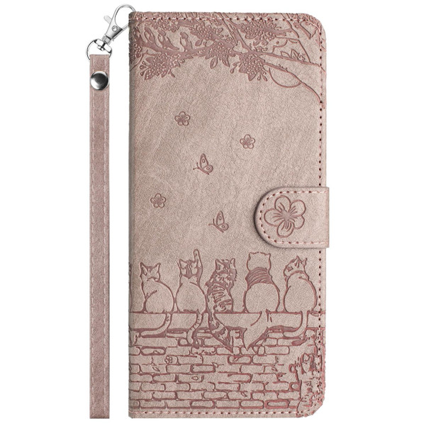 For Samsung Galaxy S21+ Cat Embossing Pattern Leatherette Phone Case with Lanyard(Grey)