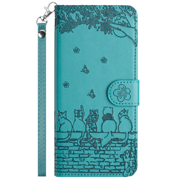 For Samsung Galaxy S23 Cat Embossing Pattern Leatherette Phone Case with Lanyard(Blue)