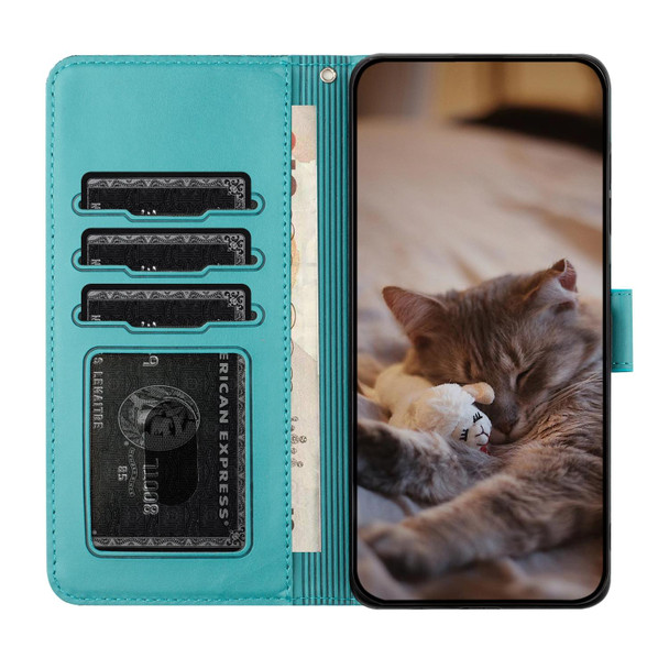 For Samsung Galaxy S21+ Cat Embossing Pattern Leatherette Phone Case with Lanyard(Blue)