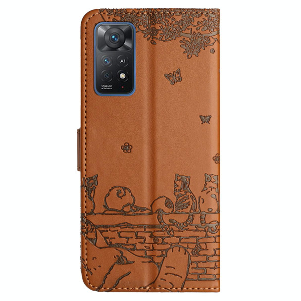 For Xiaomi Redmi Note 11 Pro 4G/5G Global Cat Embossing Pattern Leather Phone Case with Lanyard(Brown)