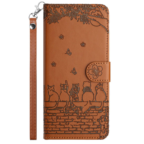 For Xiaomi Redmi Note 11 Global Cat Embossing Pattern Leather Phone Case with Lanyard(Brown)